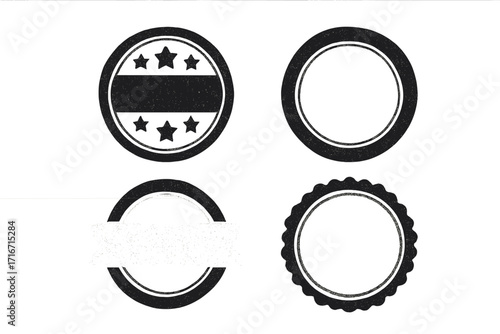 Set of blank grunge rubber stamp symbols. Vector illustration of retro vintage seals and badges. Empty textured labels, circle frames, and insignia emblems for design.