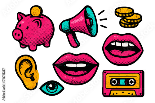 Y2k halftone collage elements set. Retro pop art design with piggy bank, coins, megaphone, cassette tape. Vintage 90s icons for communication, finance, music illustration.