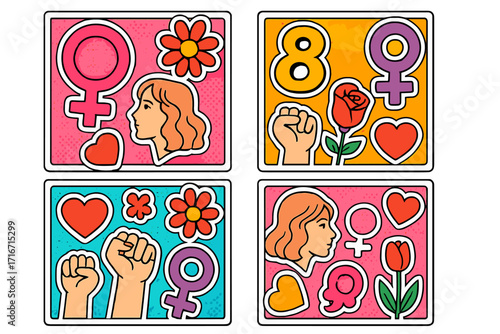 International Women's Day banner set for 8 March. Pop art sticker collage with feminist symbols. Y2K style greeting for social media. Girl power and women's rights concept.