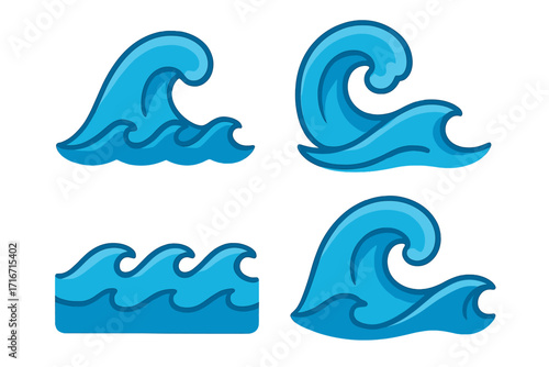 Collection of blue wave icons. Flat cartoon style vector illustration of ocean and sea water symbols. Surf swirl, aqua flow, tide splash graphic elements set isolated.