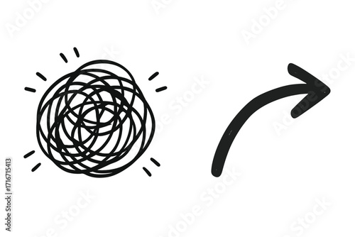 From chaos to order concept. Solving complex problem. Tangled scribble untangles into a clear path. Metaphor for business solution, process simplification, and mental clarity.