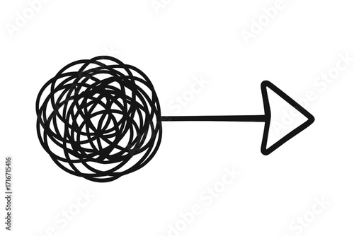 Simplifying the complex, chaos to clarity concept. Tangled scribble messy line becomes straight arrow. Problem solving, strategy, business solution, organization, direction vector.