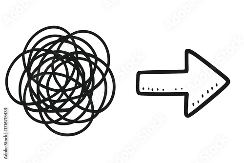 Chaos to order metaphor. From tangled scribble to simple arrow. Concept of problem solving, confusion to clarity, business process simplification, and finding a solution.