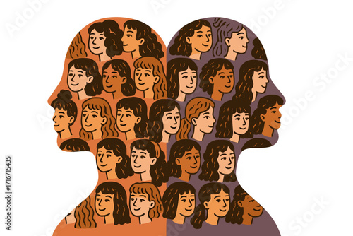 Women's community, sisterhood, unity concept. Two female silhouettes made of a diverse pattern of girl faces. Vector for International Women's Day & female empowerment.