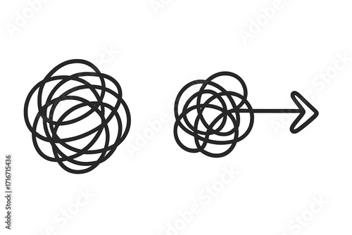Simplifying complexity, from chaos to order. Tangled scribble becomes a straight arrow. Finding a solution, path, or strategy. Problem solving, therapy process metaphor.