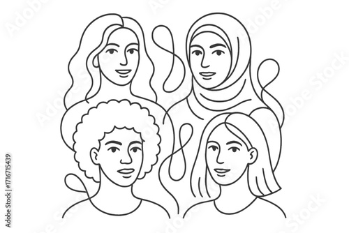 International Women's Day line art with diverse female portraits. Abstract concept of multicultural sisterhood, empowerment, and solidarity for March 8 celebration banner.