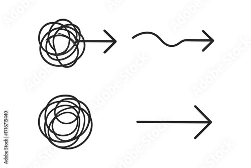From chaos to order metaphor. Problem and solution icon. Unraveling tangled knot. Psychotherapy, business consulting symbol. Simplify complexity. Mental health path.