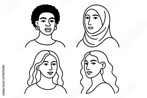 Multicultural women portraits for International Women's Day. Abstract line art faces of diverse ethnicity. Sisterhood, feminism, community, and empowerment concept illustration.