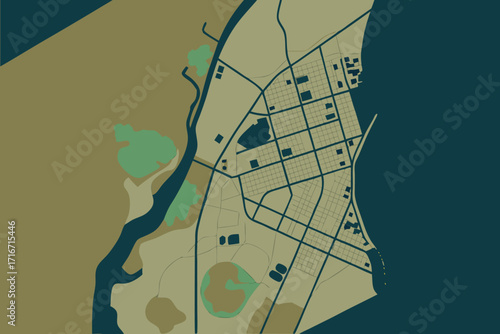 Aerial view map of a city with river and landscape overhead view urban