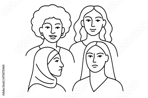 International Women's Day vector with diverse female faces. Abstract line art portraits of multicultural women. Concept for feminism, sisterhood, empowerment, gender equality, community.