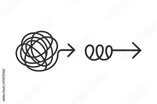 Concept of chaos to order. Simplify complexity. Problem solving. Path from messy, tangled knot to straight line. Untangling process. Finding a solution. Business clarity.