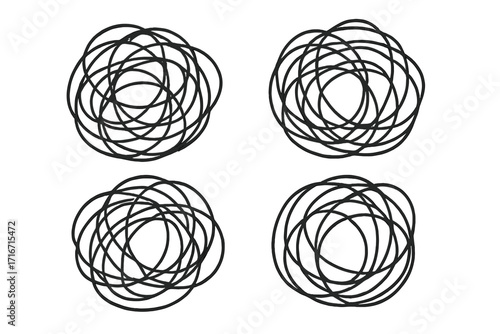 Set of tangled scribble lines. Metaphor for confusion, chaos, and order. Concept of problem solving, untangling a difficult situation. Psychology and mental health illustration.