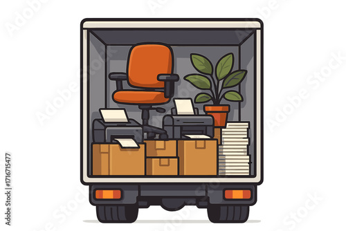 Office moving concept. Business relocation service. Moving truck back view with office furniture, equipment, boxes, chair, and printer. Corporate change and new beginning.