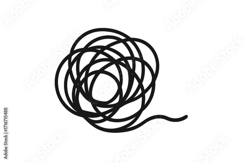 Tangled line chaos concept. Vector icon of messy scribble. Metaphor for confusion, problem, stress, and anxiety. Complex mind process. Unraveling thoughts. Doodle art.