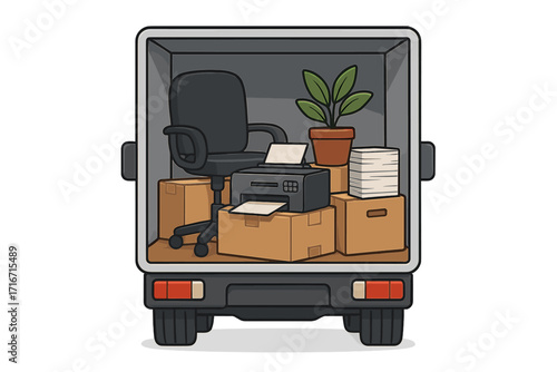 Office relocation concept. We've moved. Business moving service. Company change of address. Furniture, printer, and plant packed in cardboard boxes in a truck's back.