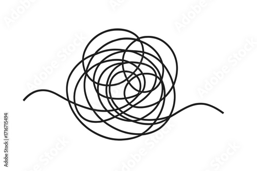 Tangled line and untangling knot metaphor. Concept of problem solving, from chaos to order. Confusion to clarity. Psychology, anxiety, stress, therapy journey. Doodle.