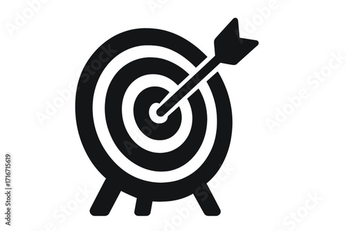 Target with arrow in the center. Bullseye. Concept of goal achievement, success, accuracy. Business or marketing purpose. Vector silhouette illustration. Mission accomplished.