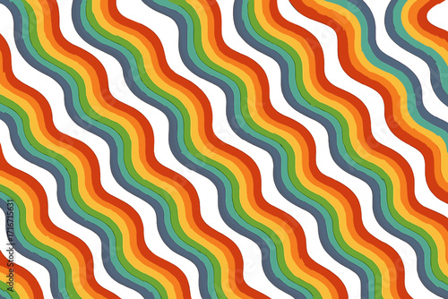 Retro 60s style rainbow seamless pattern with vivid color stripes. Vintage psychedelic wave background. Trendy hippie 70s diagonal stripe print vector illustration.