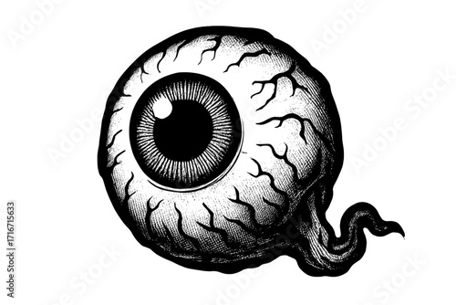 Scary creepy eyeball with veins halftone effect, detailed vector illustration, cartoon style, isolated transparent background, horror and Halloween graphic design