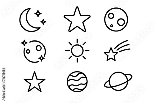 Set of celestial bodies line icons with editable strokes for design, websites, apps, cards, featuring moon, stars, sun, comet, planet, and astronomy vector illustrations