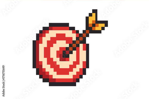 Pixel art target with arrow in the bullseye. 8-bit game icon. Metaphor for success, goal achievement, accuracy, and precision. Vector illustration for business strategy.