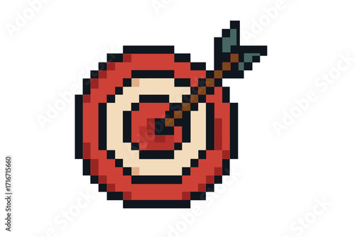 Pixel art target with arrow in the bullseye. 8-bit game icon of a dartboard. Concept of goal, success, achievement, accuracy, and focus. Retro video game sprite.