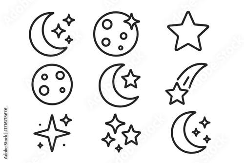 Set of celestial bodies line icons, editable stroke vector design for websites, apps, cards, including moon, star, comet, sparkles linear images, cartoon style vector illustration