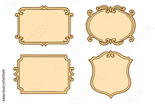 Set of vintage frames with paper texture. Retro label and emblem shapes. Ornate decorative border collection. Classic antique vector illustration for design element. Shield tag.