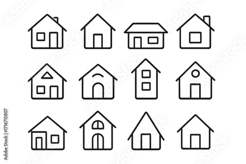 Set of Minimalistic Line Icons of Houses, Editable Stroke Linear Pictograms for Home Design, Real Estate Apps, Banners, Posts, and UI Elements, Transparent Vector Illustration