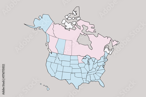North America Map With Pink And Blue Highlighted Regions Keywords: map, north america, map of