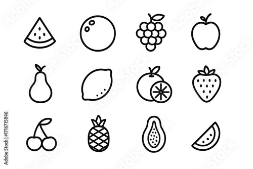 Minimalistic line icons of watermelon, coconut, grape, apple, pear, lemon, orange, strawberry, cherry, pineapple, papaya fruits, editable stroke, linear pictogram design for cards, apps, banners
