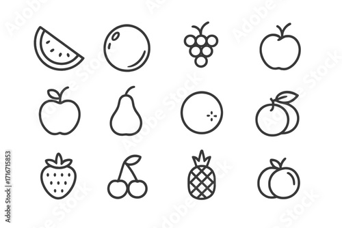 Minimalistic line icons set of watermelon, coconut, grape, apple, pear, orange, peach, strawberry, cherry, pineapple fruits, editable stroke vector for cards, apps, banners, posts