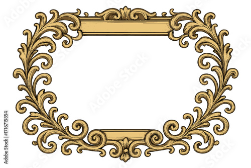 Elegant gold vintage frame. Ornate baroque rococo border with acanthus leaf scrolls. Classic decorative filigree element for certificate or wedding invitation. Hand drawn vector.