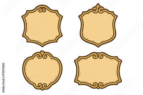 Set of vintage frames with ornamental scroll borders. Hand-drawn retro labels collection. Classic decorative shield and plaque shapes for banners. Cartoon vector illustration.