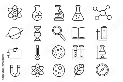 Science icons set vector, thin line editable stroke symbols for physics, chemistry, biology research, laboratory education, molecular structure, DNA, microscope, atom, test tubes, science equipment