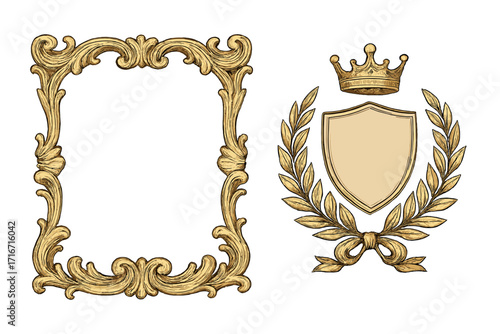Golden vintage baroque frame and royal crest set. Ornate heraldic emblem with crown, shield, and laurel wreath. Luxury decorative element for diploma, certificate, invitation.