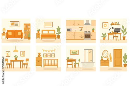 Set of 8 cozy interior design house rooms with furniture including living room, bedroom, kitchen, home office, dining room, nursery, bathroom, and hallway with decor elements