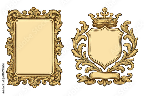 Set of vintage gold frames. Ornate baroque border and royal heraldic crest with crown and banner. Antique decorative vector illustration for certificate or invitation.