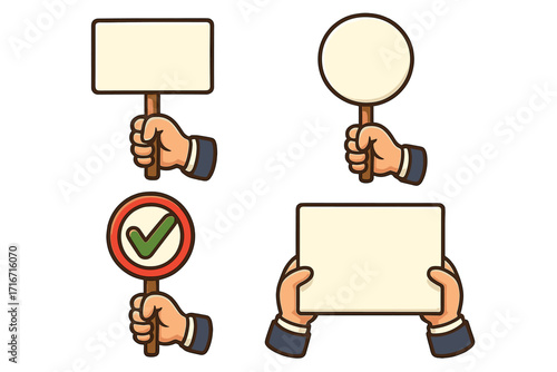 Cartoon hands holding blank signs vector set. Businessman holding poster, placard and banner. Election and voting concept. Protest and picket illustration with checkmark.