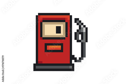 Gasoline pump pixel art icon. Retro 8-bit video game sprite. Fuel dispenser vector illustration. Petrol station, refueling, transportation, and energy concept. Isolated.