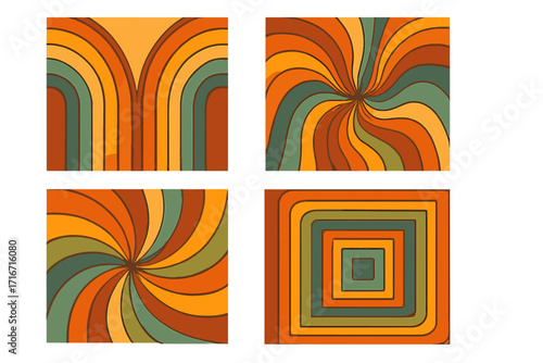 Set of Retro Groovy Rainbow Background Templates with Psychedelic Linear Geometric Patterns, 70s Style Bright Vector Hand Drawn Illustration, Vibrant 1920x1080 Design