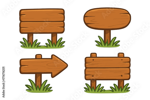 Wooden signboard collection. Vector cartoon illustration. Set of empty wood signs, banners, and arrows. Rustic pointers and guideposts in grass. Blank template. Game assets, UI icons.
