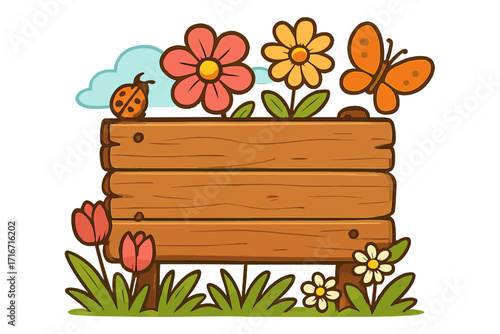 Wooden signboard, spring banner with flowers, butterfly, ladybug. Cute cartoon vector illustration. Blank rustic sign with copy space for text. Nature, garden, seasonal design.