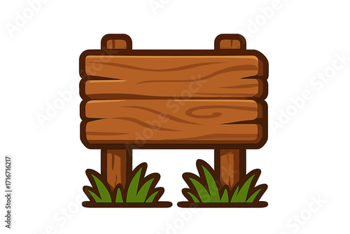 Blank wooden signboard for text. Cartoon vector illustration of an empty wood signpost with grass. Rustic outdoor information board or banner template for nature or park.