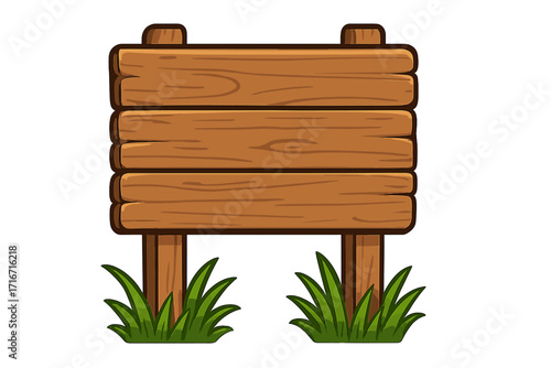 Wooden signboard vector illustration. Blank cartoon wood sign for text. Empty rustic billboard with grass. Old west style information board for message or direction.