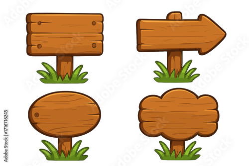 Set of wooden signboards. Cartoon vector illustration. Blank wood signs collection for game UI. Rustic empty signpost, arrow pointer, banner, plaque on grass for info.