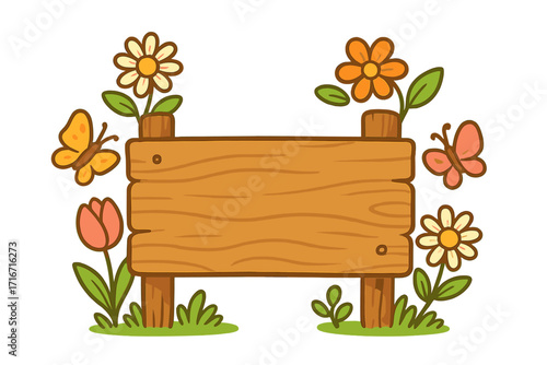 Wooden sign in spring garden with flowers and butterflies. Blank rustic signboard for text message. Vector cartoon nature illustration, empty wood plaque for announcement.