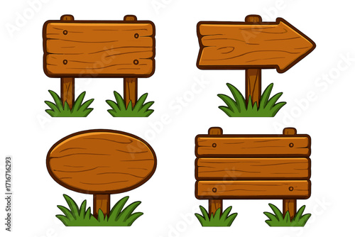 Wooden signboard collection. Cartoon wood signpost set with blank arrow pointer. Rustic empty timber plank banner for message or text. Game UI element vector illustration.