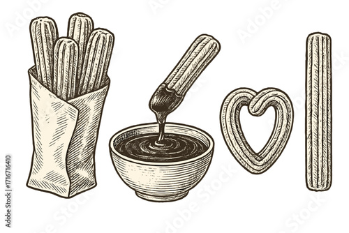 Hand-drawn vintage churros illustration with chocolate sauce dip, Mexican snack dessert, various shapes including churros sticks in paper bag, heart-shaped churro, traditional fried pastry
