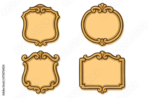 Set of vintage gold frames. Ornate retro emblem collection. Elegant baroque shield and label border. Classic decorative plaque for logo. Blank template with copy space.